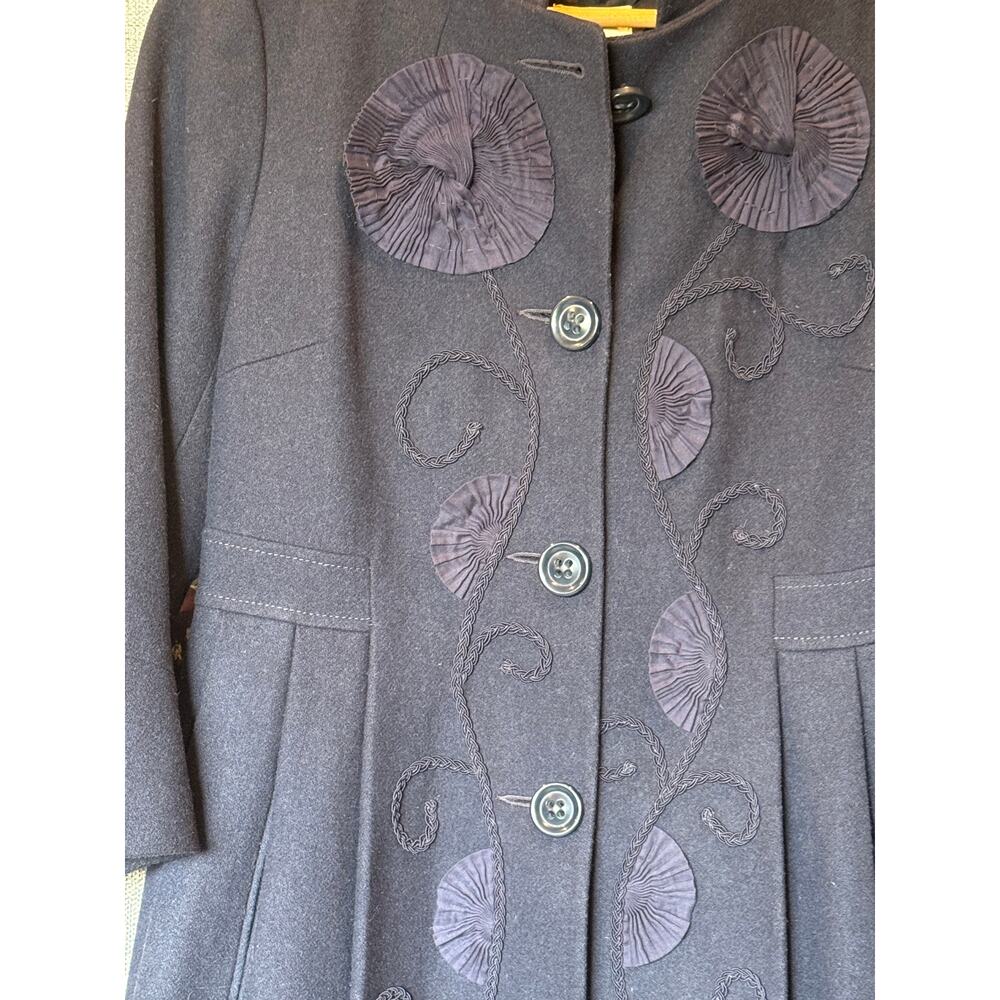 Anthropologie Elevenses Size 6 Navy Wool Blend Embroidered Floral Swing Coat - Picture 3 of 10